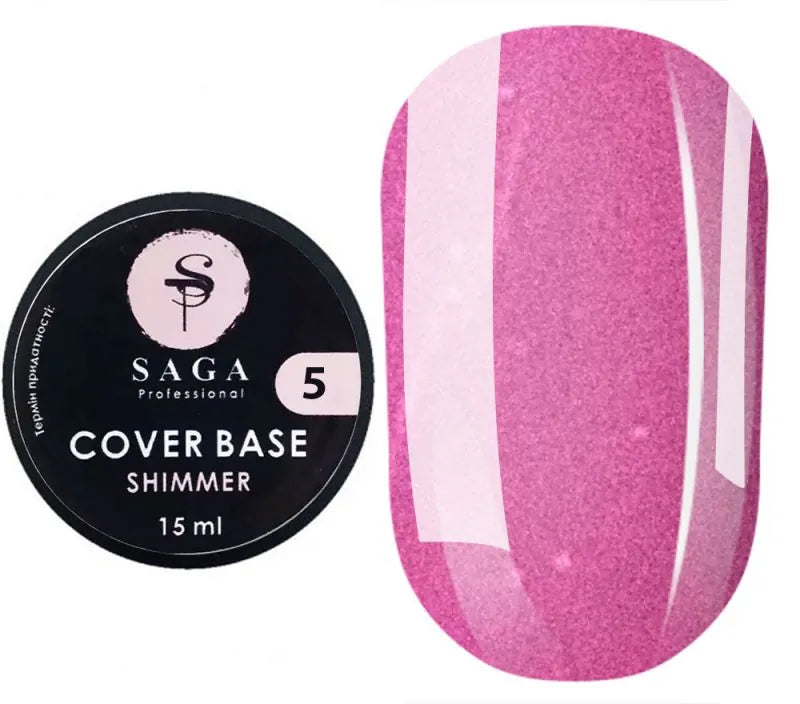 Saga Shimmer Base New 05 – rosy nude shimmer gel base for nails, 15ml, self-leveling and strengthening formula