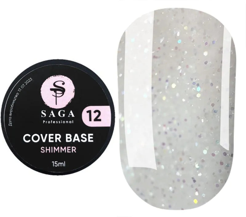 SAGA Shimmer Base New 12 – milky white shimmer gel base for nails, 15ml, elegant semi-sheer finish with subtle glow