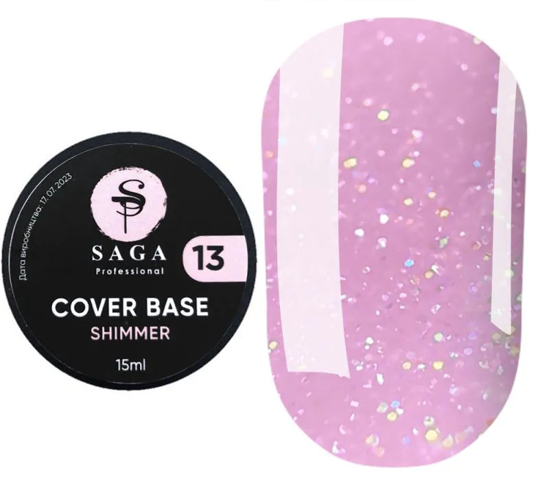 SAGA Shimmer Base New 13 – pink shimmer gel base for nails, 15ml, soft pastel pink with subtle sparkle