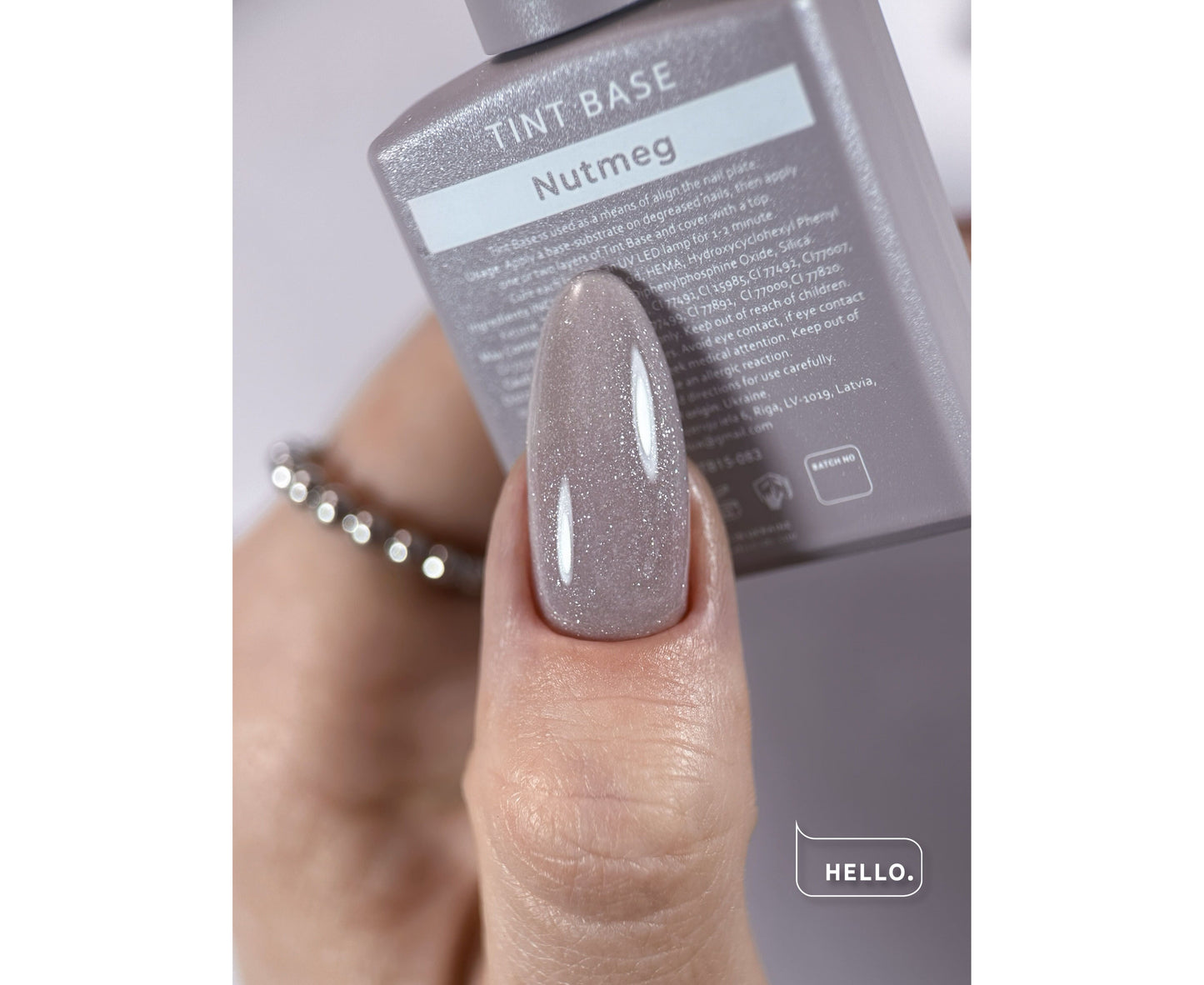 Base teintée HELLO, NUTMEG – Gel de base neutre scintillant, 15 ml
