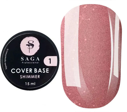 A jar of SAGA Professional Cover Base Shimmer nail gel and a sample swatch of the pink shimmery color.