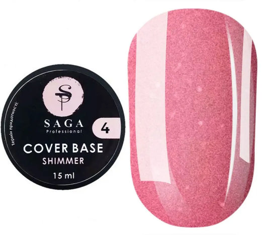 Saga Shimmer Base New 04 – Coral-toned self-leveling shimmer base gel for nails, 15ml