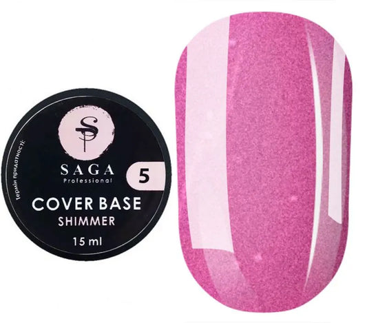 Saga Shimmer Base New 05 – rosy nude shimmer gel base for nails, 15ml, self-leveling and strengthening formula