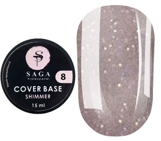 SAGA Shimmer Base New 08 – nude grey shimmer base gel for nails, 15ml, cool-toned neutral with soft silvery shimmer