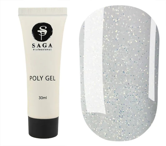 SAGA Professional Poly Gel NEW 09 – transparent gray poly gel with glitter for elegant nail extensions, 30ml