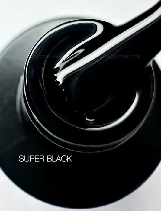 SAGA Professional Gel Polish Super Black – high-gloss jet black enamel gel in a 9ml bottle, ideal for bold, elegant manicures.