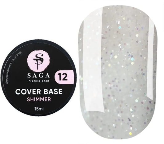 SAGA Shimmer Base New 12 – milky white shimmer gel base for nails, 15ml, elegant semi-sheer finish with subtle glow