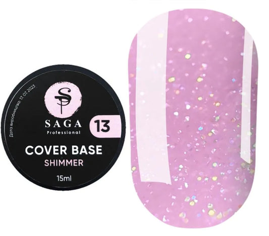 SAGA Shimmer Base New 13 – pink shimmer gel base for nails, 15ml, soft pastel pink with subtle sparkle