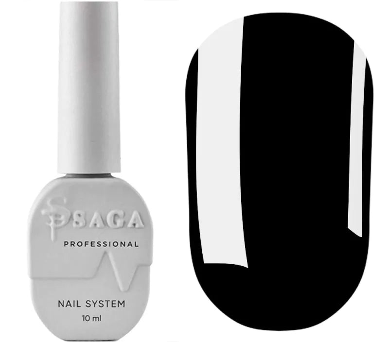 SAGA black no-wipe gel top coat in a 9ml bottle, delivering a glossy, pigmented finish for gel nails.