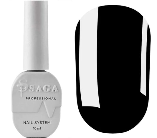 SAGA black no-wipe gel top coat in a 9ml bottle, delivering a glossy, pigmented finish for gel nails.