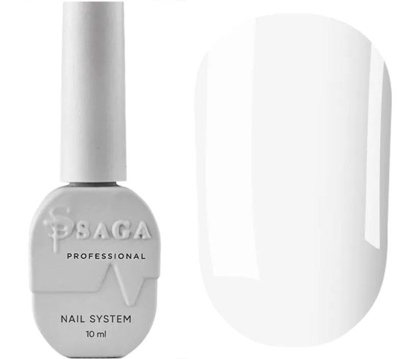 SAGA white no-wipe gel top coat in a 9ml bottle, delivering a pure, glossy finish ideal for French tips and clean nail designs.
