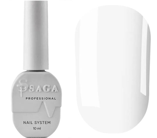 SAGA white no-wipe gel top coat in a 9ml bottle, delivering a pure, glossy finish ideal for French tips and clean nail designs.