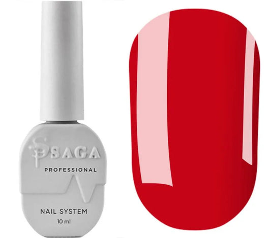 SAGA red no-wipe gel top coat in a 9ml bottle, offering a vibrant, glossy finish for standout manicures.