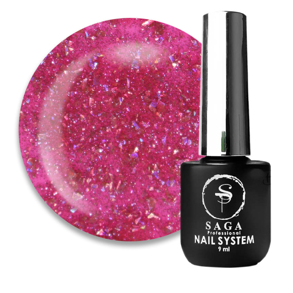 Vernis gel Saga Fiery #42 Berry Pink avec reflets réfléchissants et paillettes dorées, 9 ml 