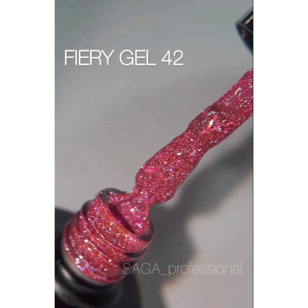 Vernis gel Saga Fiery #42 Berry Pink avec reflets réfléchissants et paillettes dorées, 9 ml 