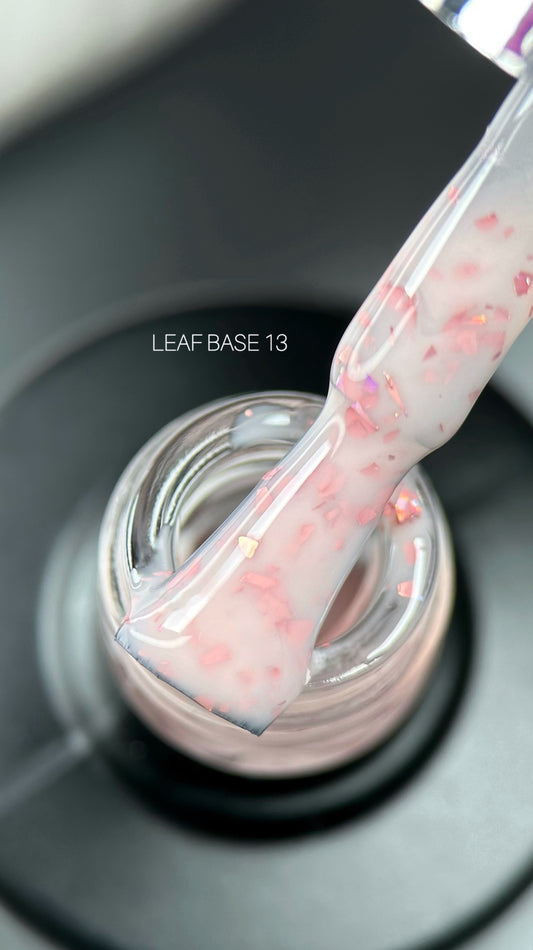 SAGA Professional Leaf Base 13 – pink jelly base gel with suspended silver foil flakes for layered nail art effect, 8ml bottle