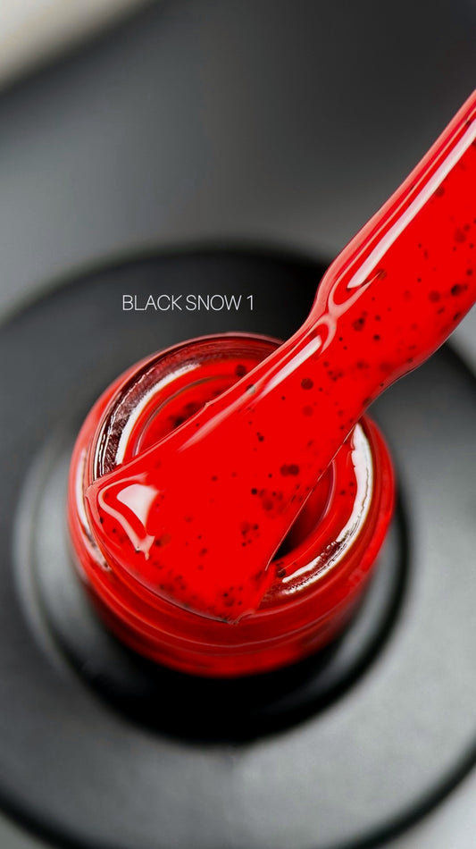 SAGA Professional Gel Polish Black Snow 01 – intense red gel polish with fine black specks in a 9ml bottle, for bold and textured nail designs.