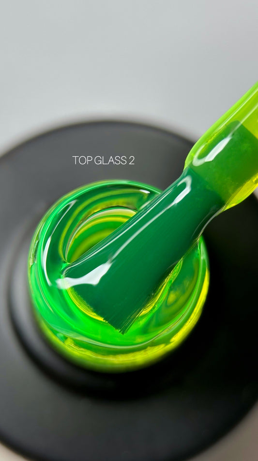 SAGA Professional No-Wipe Gel Top Coat GLASS 02 – green-yellow transparent top coat with glass effect, 9ml.