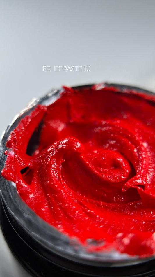 SAGA Professional Relief Paste 10 – intense classic red no-wipe nail art paste with high viscosity for 3D textures, sculpted accents, and embossed design.