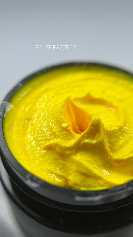 SAGA Professional Relief Paste 12 – neon yellow no-wipe nail art paste for 3D textures, glowing raised details, and high-impact design accents.
