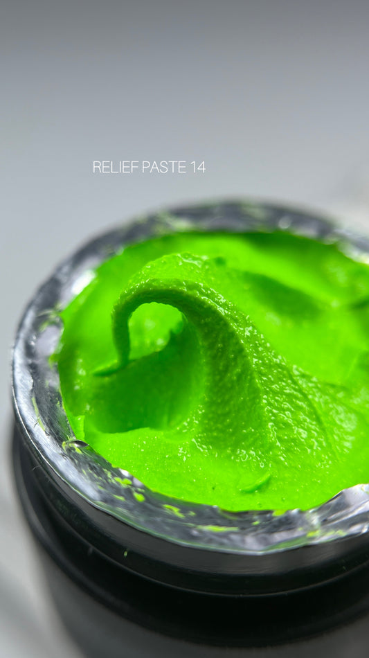 SAGA Professional Relief Paste 14 – neon green no-wipe 3D nail art paste for textured designs, embossed elements, and vivid creative accents.